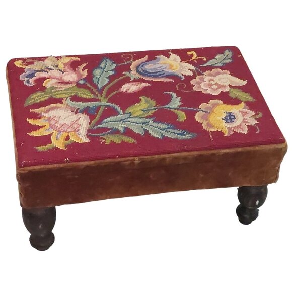 Vintage Floral Needlepoint Footstool with Velvet Sides & Solid Wood Legs 18"x12" - Picture 1 of 7